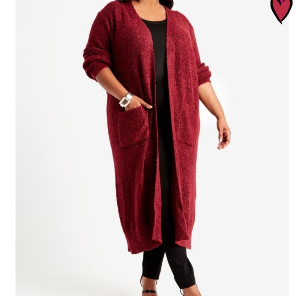 NWT Ashley Stewart Burgundy Boucle Duster Cardigan